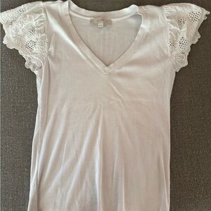LOFT White V-Neck Tee with Lace Cap Sleeves